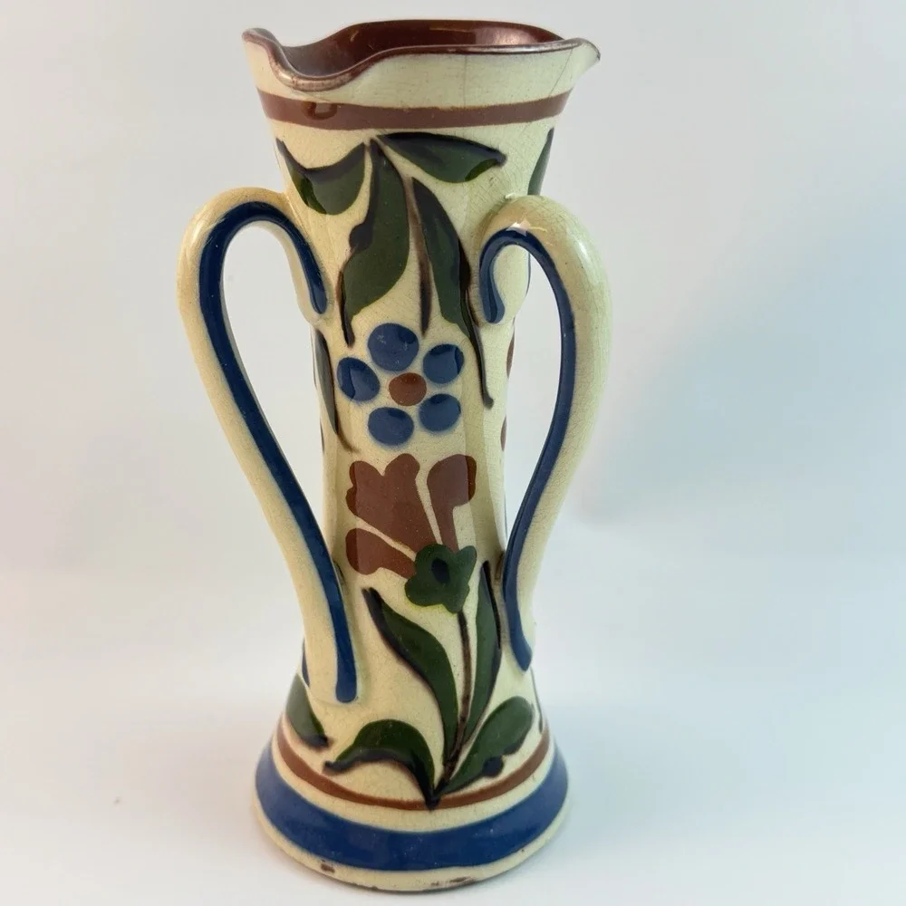 ART NOUVEAU VASE Motto Ware Triple Handled Vase Torquay Pottery Scarce FLAWED